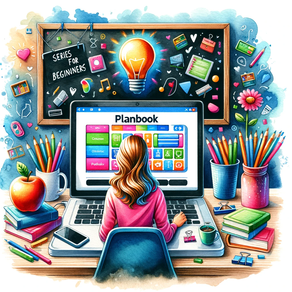 DALL·E 2023-11-15 23.00.15 - A vibrant hand-drawn watercolor image featuring a teacher sitting at a desk with a laptop open to a modern educational platform. The screen displays a