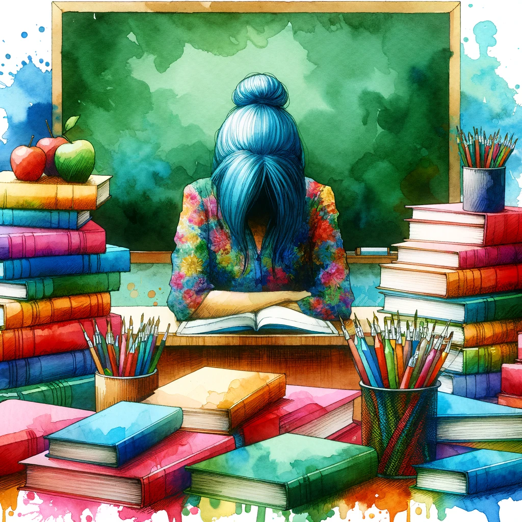 DALL·E 2024-03-06 20.43.37 – Create a vibrant watercolor illustration of a teacher with their head down on their desk, surrounded by stacks of colorful teacher manuals and books.