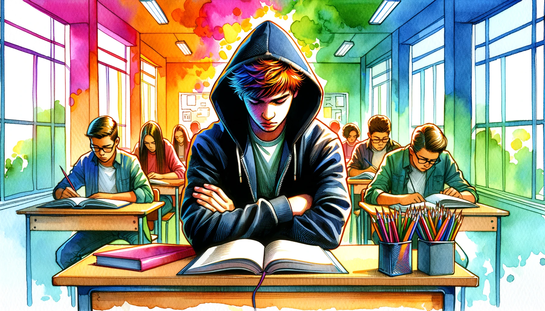 DALL·E 2024-03-07 11.47.28 - Create a vibrant watercolor illustration in a wide aspect ratio featuring a frustrated teenage boy in a hoodie, arms crossed, sitting at his desk with
