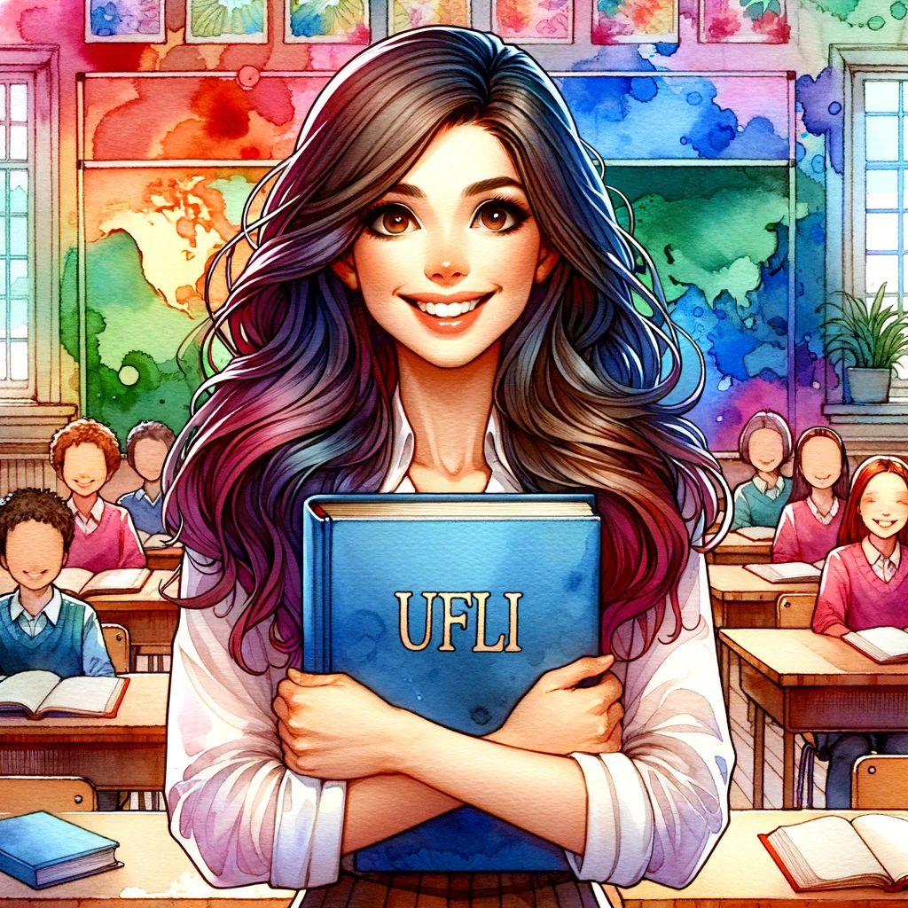 DALL·E 2024-03-07 13.16.23 - Create a vibrant watercolor illustration in a classroom setting, depicting a female teacher with long dark hair and brown eyes hugging a book to her c