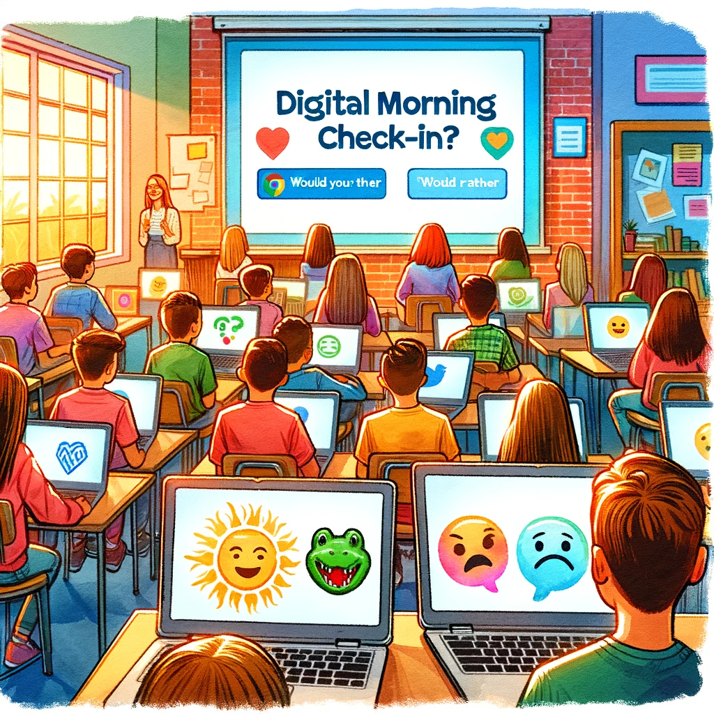 DALL·E 2024-03-07 23.45.14 - Create a vibrant square watercolor illustration featuring students in a classroom setting engaging in a 'Digital Morning Check-In' on their Chromebook