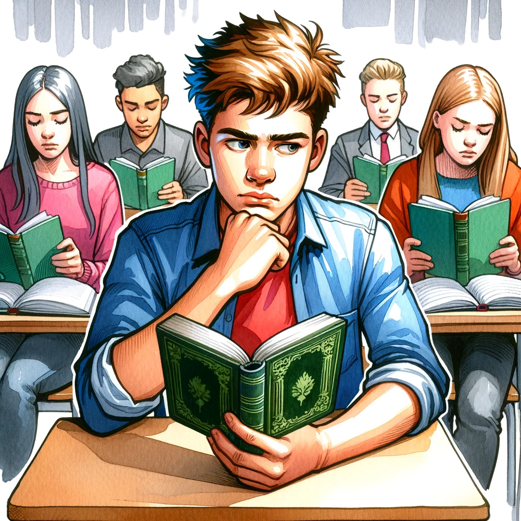 DALL·E 2024-03-08 15.07.18 - Create a vibrant watercolor illustration in a classroom setting, showing teenagers reading at their desks. Feature a teen boy with his arms folded, lo