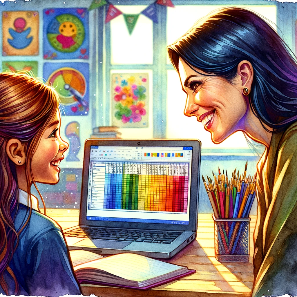 DALL·E 2024-03-09 02.19.18 - Illustrate in a vivid and saturated watercolor style, a scene where the teacher with long dark hair and brown eyes and her student are facing each oth