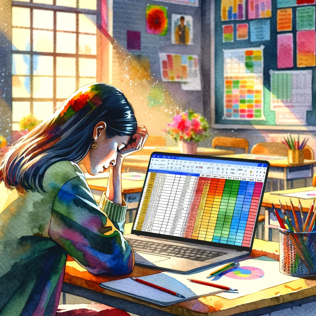 DALL·E 2024-03-11 11.24.43 - Picture a scene in a sunlit classroom, where a female teacher with long dark hair and brown eyes is seen with her head resting on her desk in a pose o
